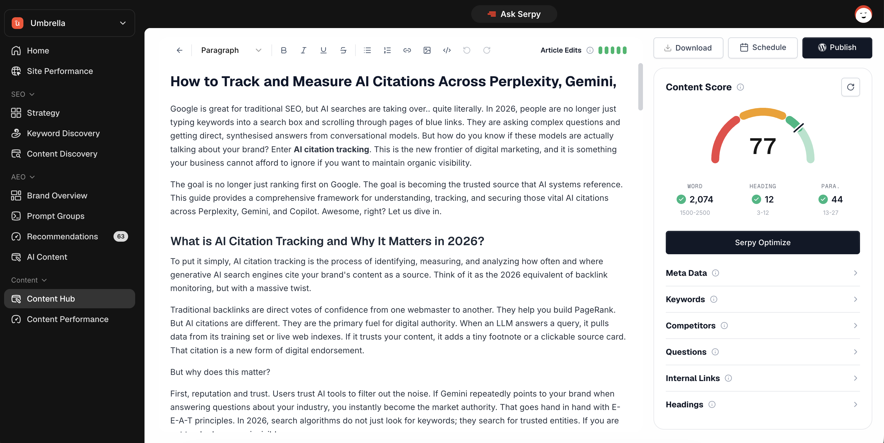 Serpy content editor and content score dashboard