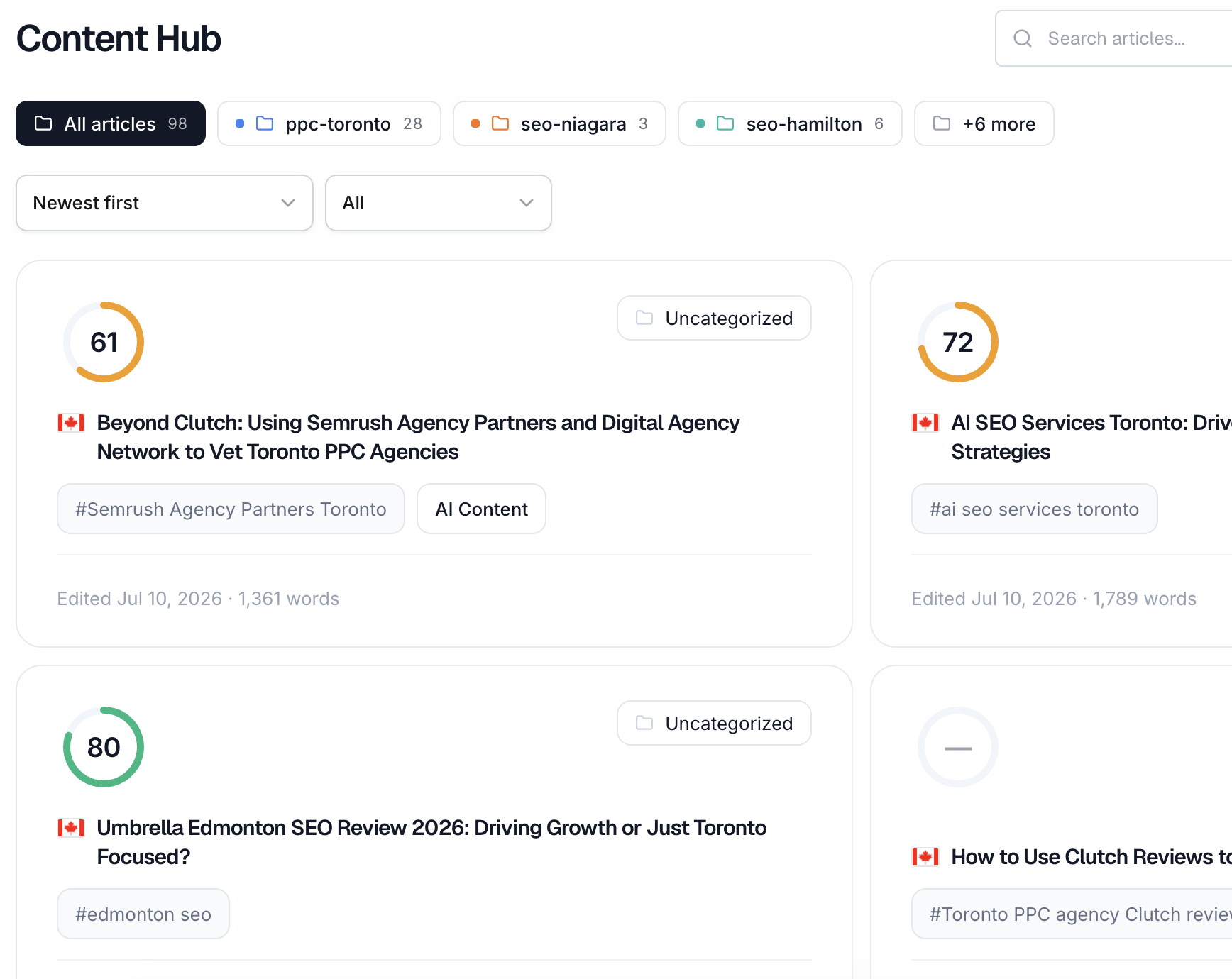 Serpy Content Hub content cards and article statuses