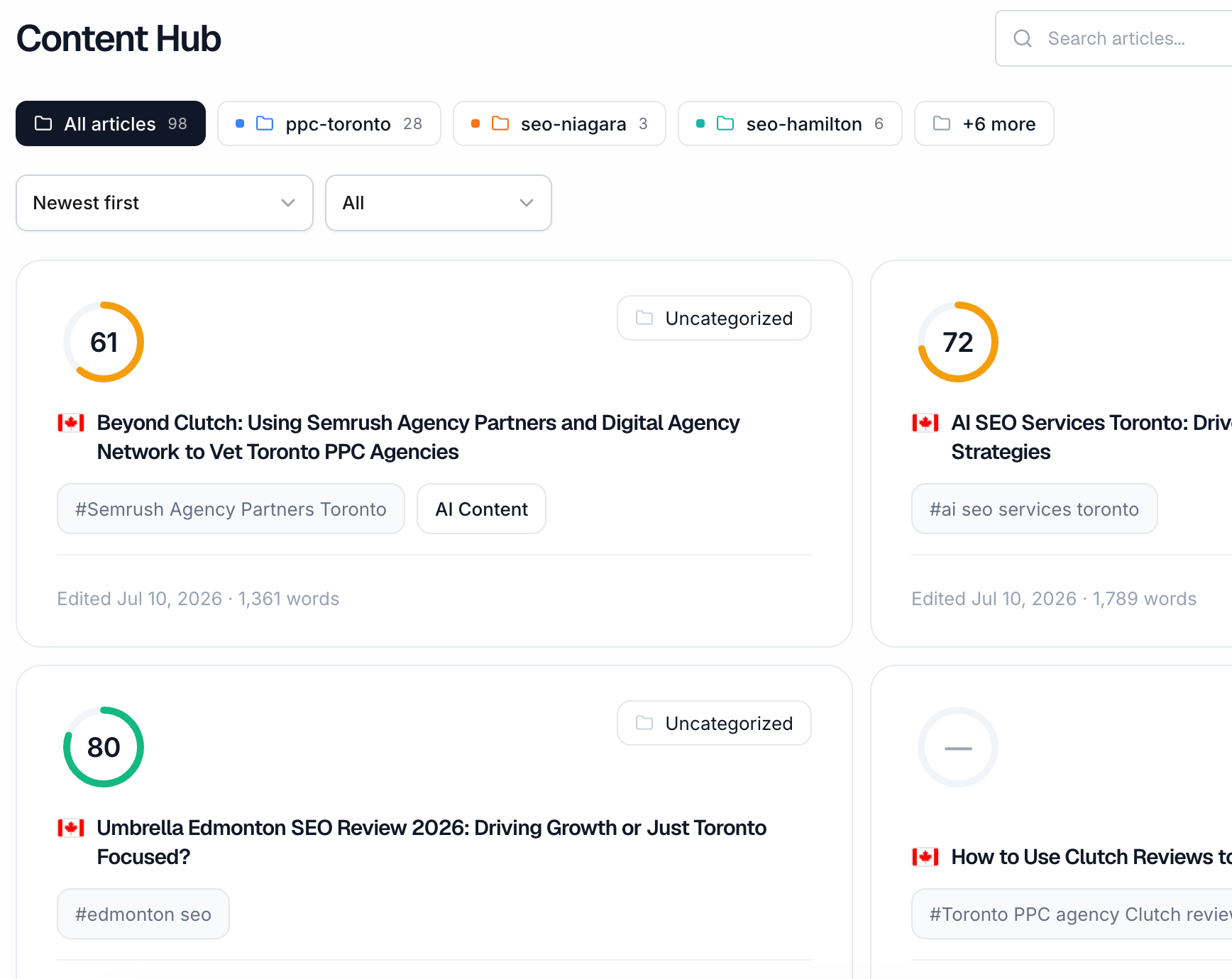 The Serpy content hub showing recent content and performance data